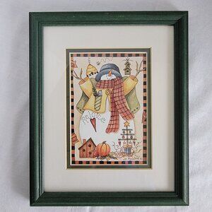 Snowman "Rejoice" Framed Art Jo Moulton Birdhouse Double Matte Green Frame 11"x9